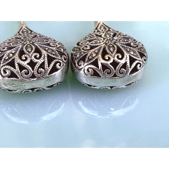 Vintage 925 Sliver Marcasite Tear Drop Dangle Earrings - Picture 9 of 14